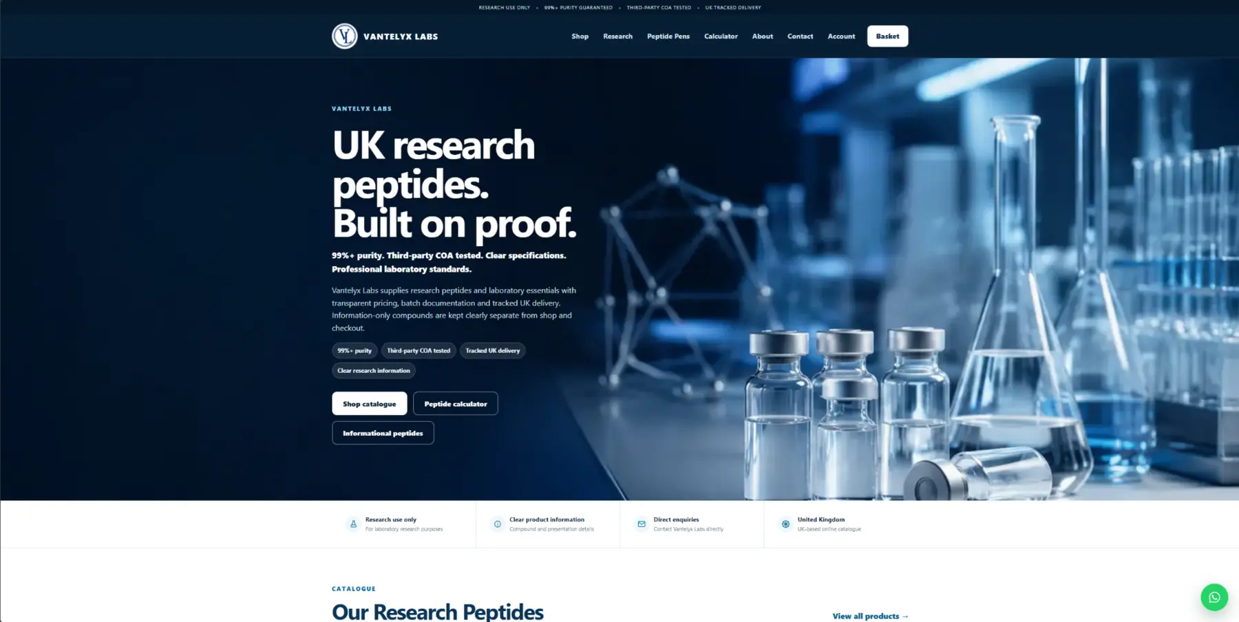 Current Vantelyx Labs homepage showing its research catalogue and commerce platform